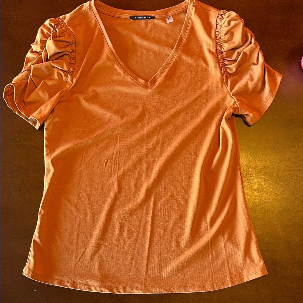 Women's Orange V-Neck Ruched Sleeve Top